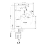 Technical drawing of Raymor Projix angled swivel basin mixer, showing side profile and dimensions in brushed nickel style