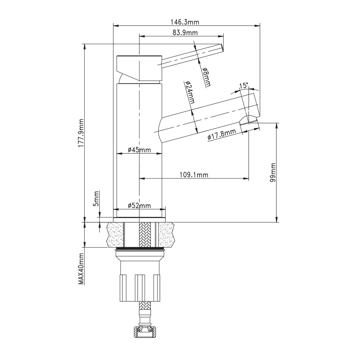 Technical drawing of Raymor Projix angled swivel basin mixer, showing side profile and dimensions in brushed nickel style