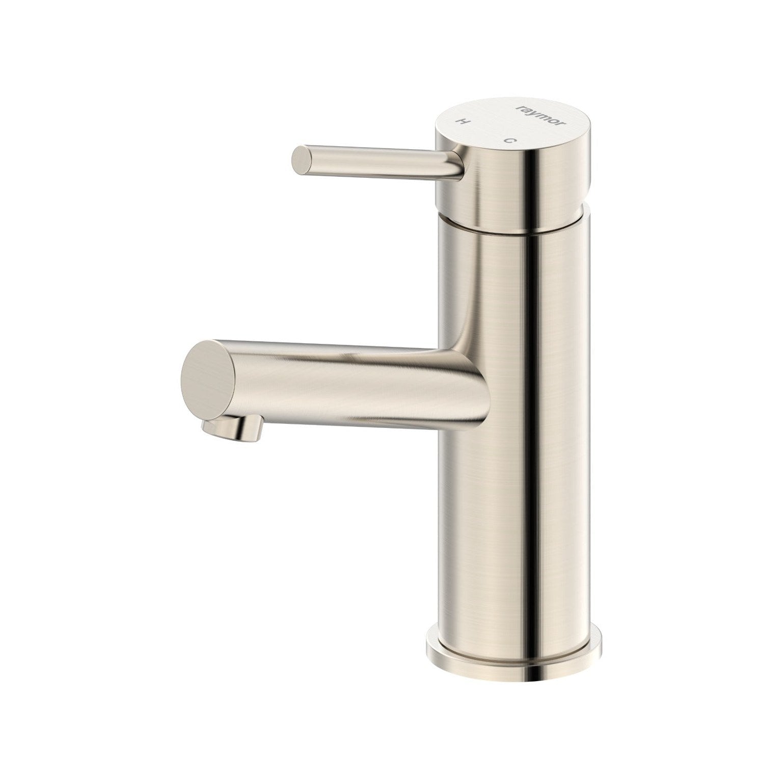 Raymor Projix basin mixer in brushed nickel with angled swivel spout and pin lever handle, side view on white background