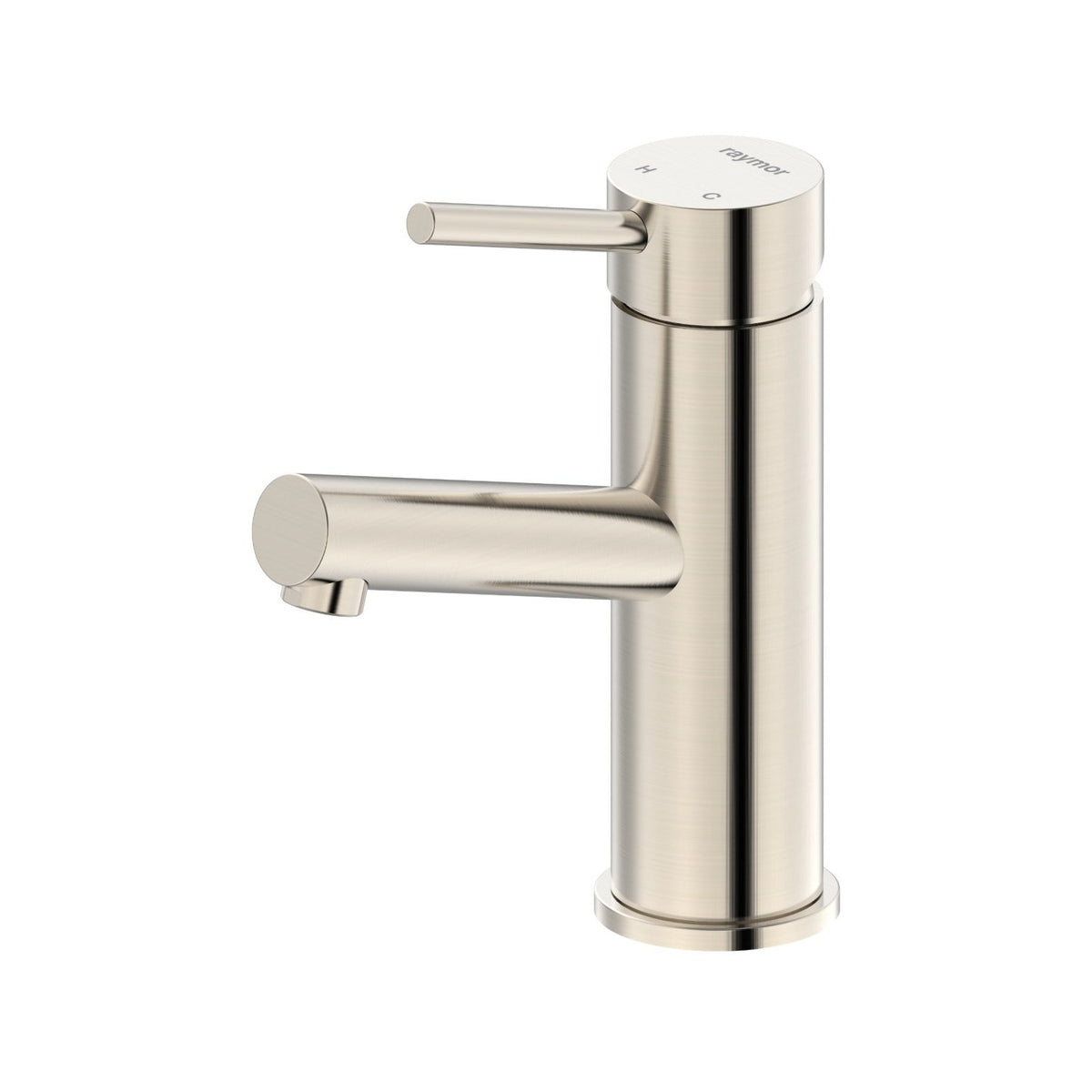 Raymor Projix basin mixer in brushed nickel with angled swivel spout and pin lever handle, side view on white background