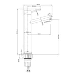 Technical drawing of Raymor Projix angled swivel basin mixer tower, side view with dimensions and 228.7mm height, brushed nickel finish