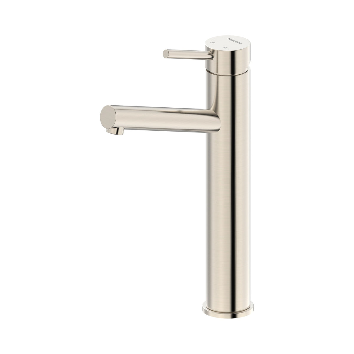 Raymor Projix angled swivel basin mixer in brushed nickel, tall cylindrical tap with pin lever handle and horizontal spout