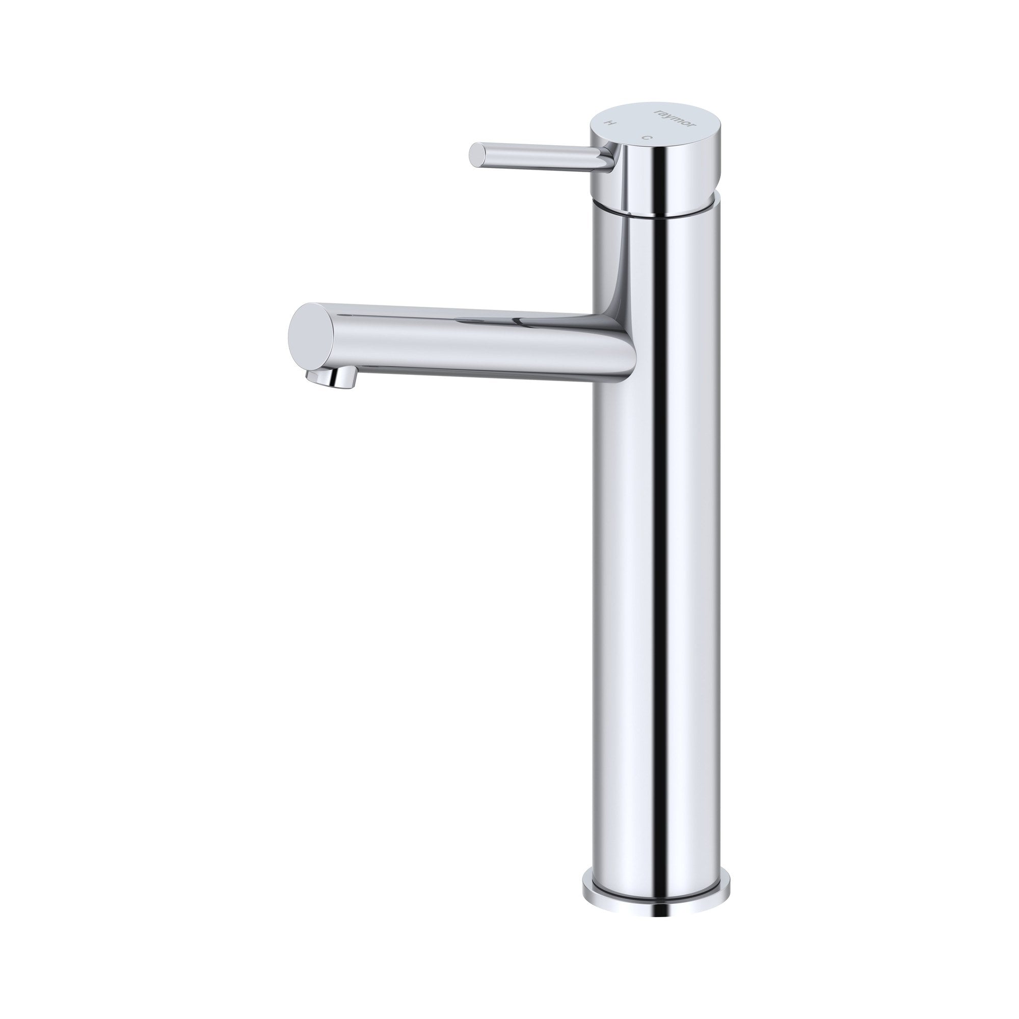 Raymor Projix angled swivel basin mixer tower in chrome, tall cylindrical tap with side lever on white background