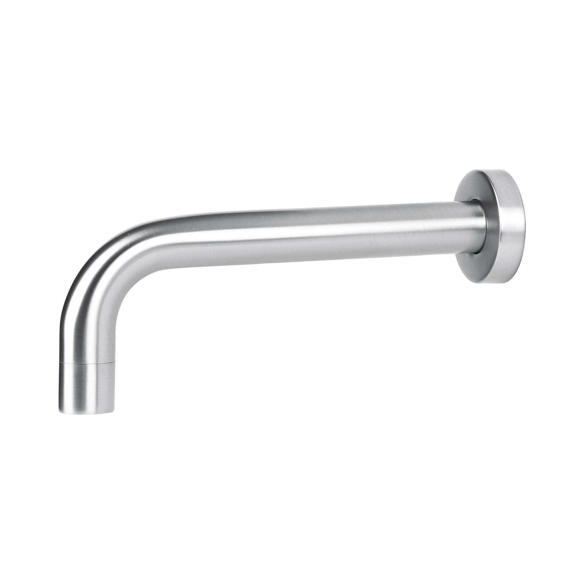 Raymor Projix brushed nickel wall spout, 200mm fixed basin or bath tap with round backplate and curved outlet