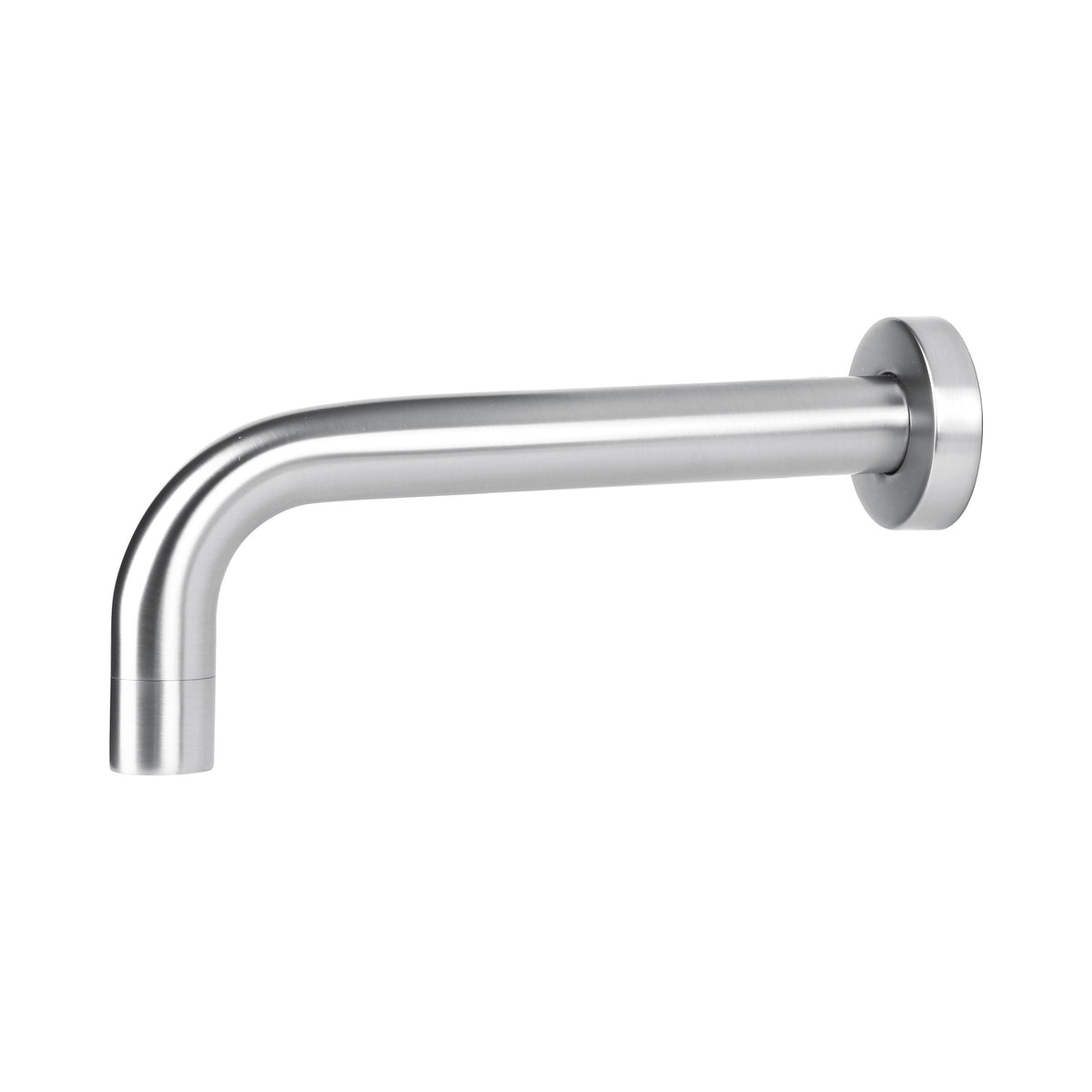 Raymor Projix brushed nickel wall spout, 200mm fixed basin or bath tap with round backplate and curved outlet
