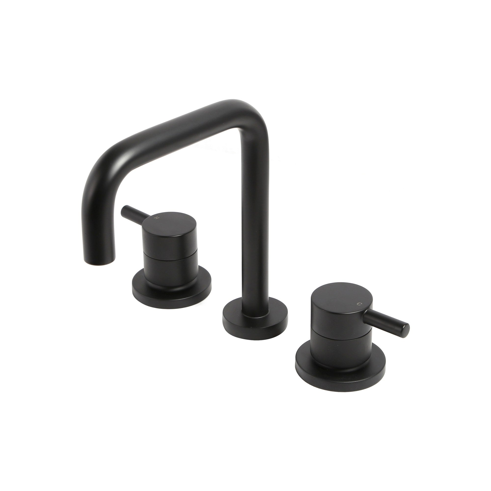 Raymor Projix black 3 piece basin tap set with gooseneck spout and pin lever hot and cold handles