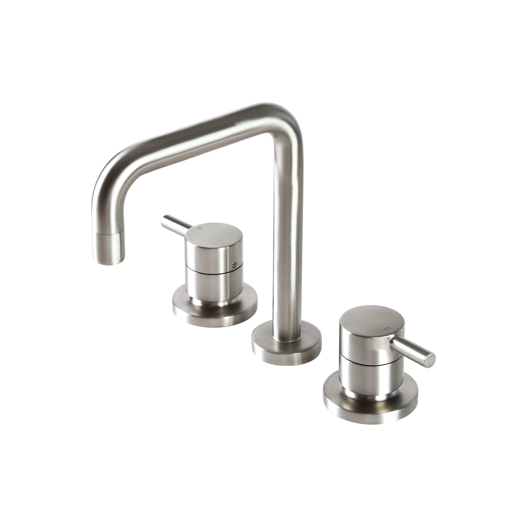 Raymor Projix brushed nickel 3 piece basin set with gooseneck spout and two pin lever taps on white background