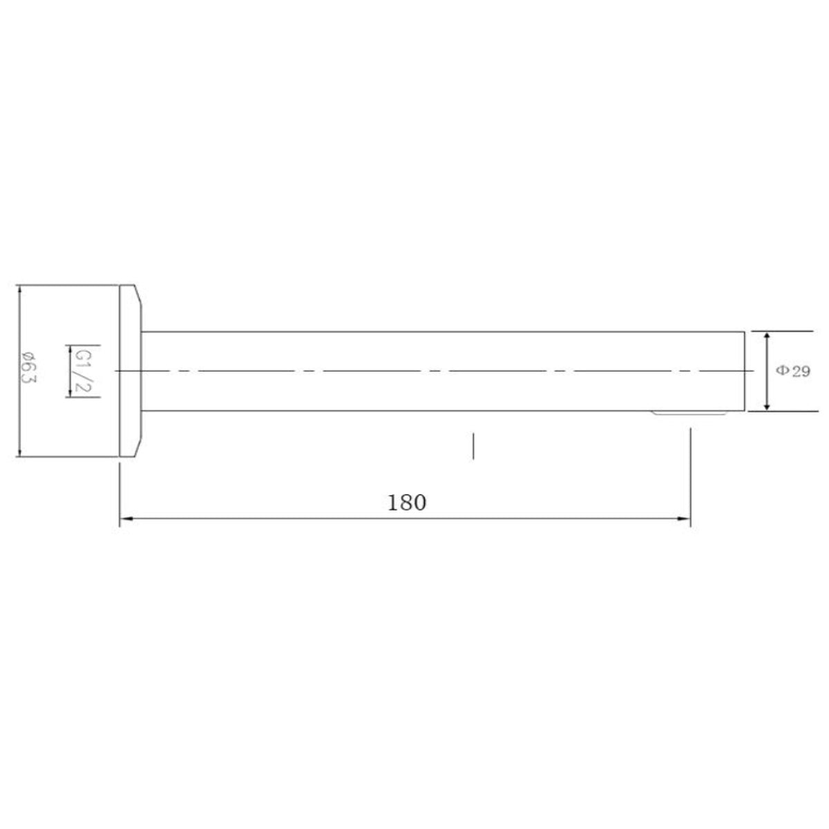 Technical drawing of Raymor Projix bath spout, showing 180mm reach, 63mm flange and 1/2 inch BSP connection