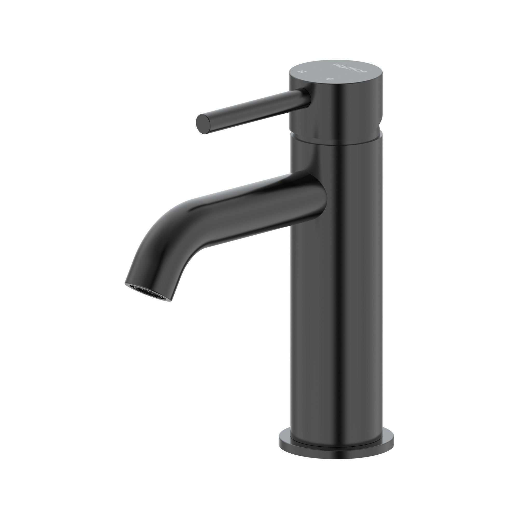 Raymor Projix curved basin mixer in black, single-lever tap with fixed spout, front view on white background