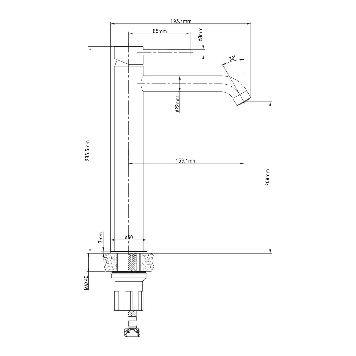 Technical drawing of Raymor Projix curved basin mixer tower in black, with dimensions and side view for vessel basins