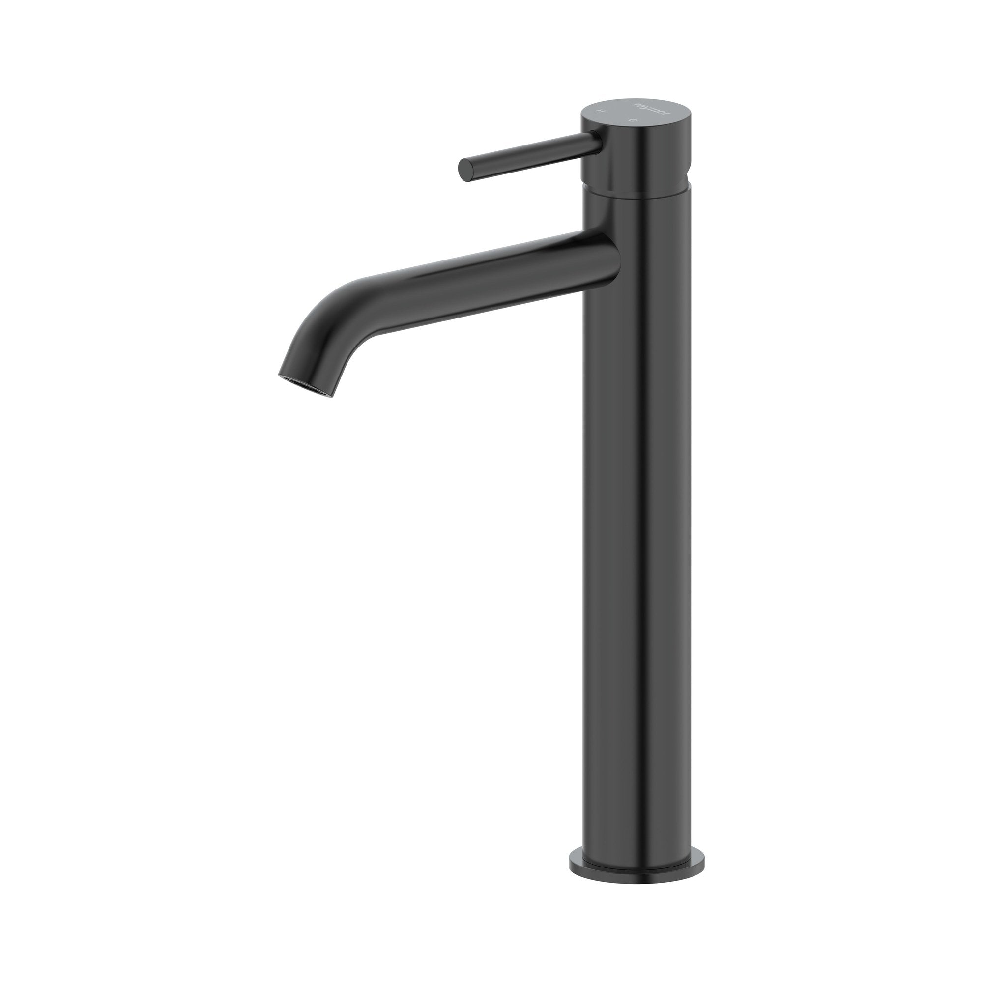Raymor Projix curved basin mixer tower in black, tall matte tap with curved spout and single lever handle