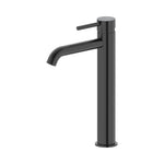 Raymor Projix curved basin mixer tower in black, tall matte tap with curved spout and single lever handle