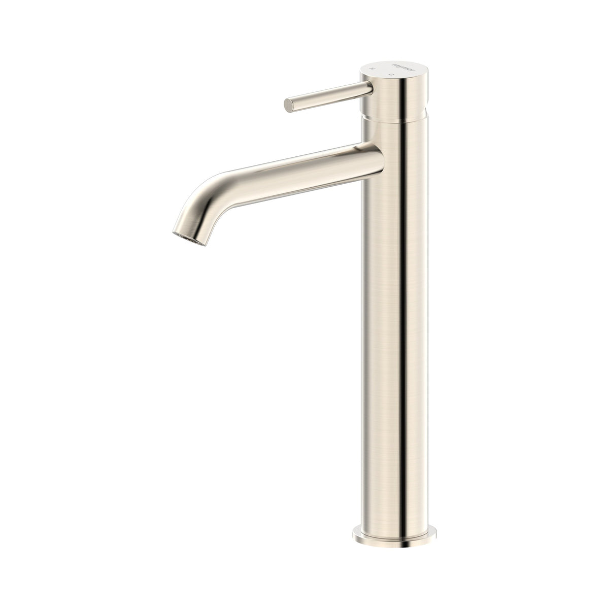 Raymor Projix curved basin mixer tower in brushed nickel, tall single-lever tap on white background