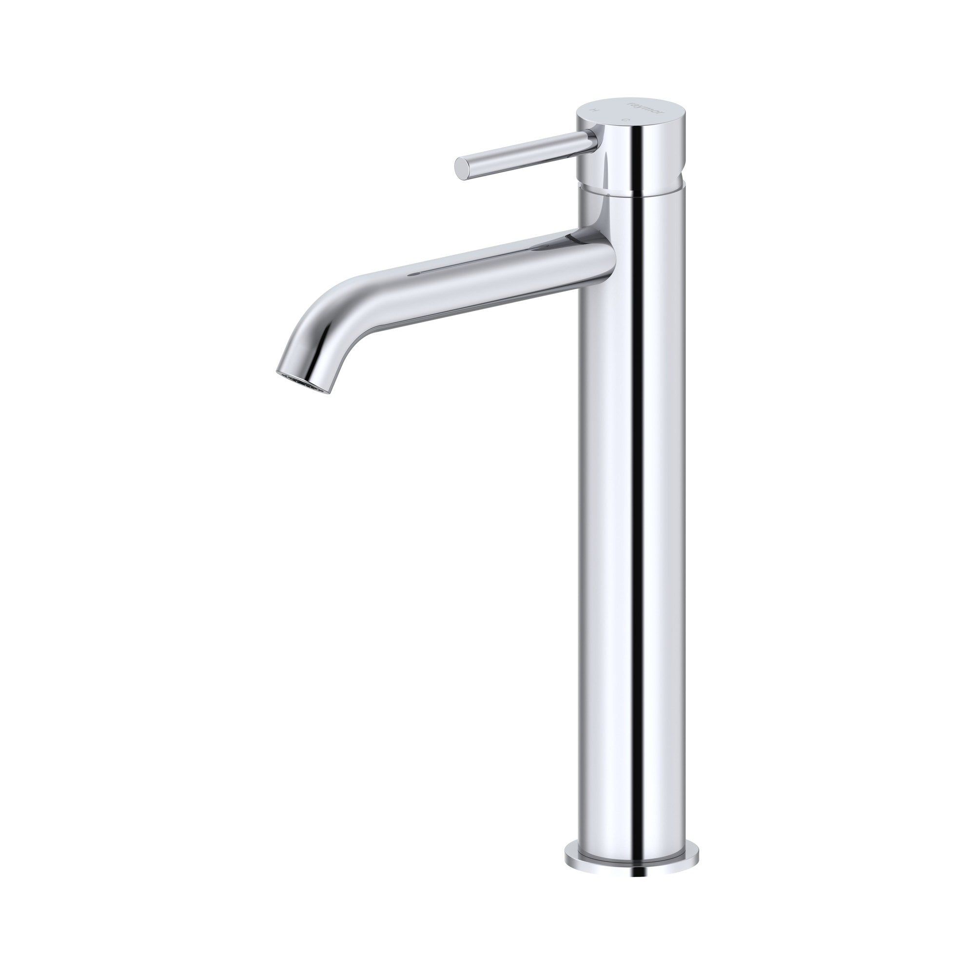 Raymor Projix curved basin mixer tower in chrome, tall cylindrical tap with curved spout and pin lever handle, front view