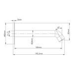 Technical drawing of Raymor Projix curved wall spout, showing 180mm reach and 195.2mm overall length in black finish