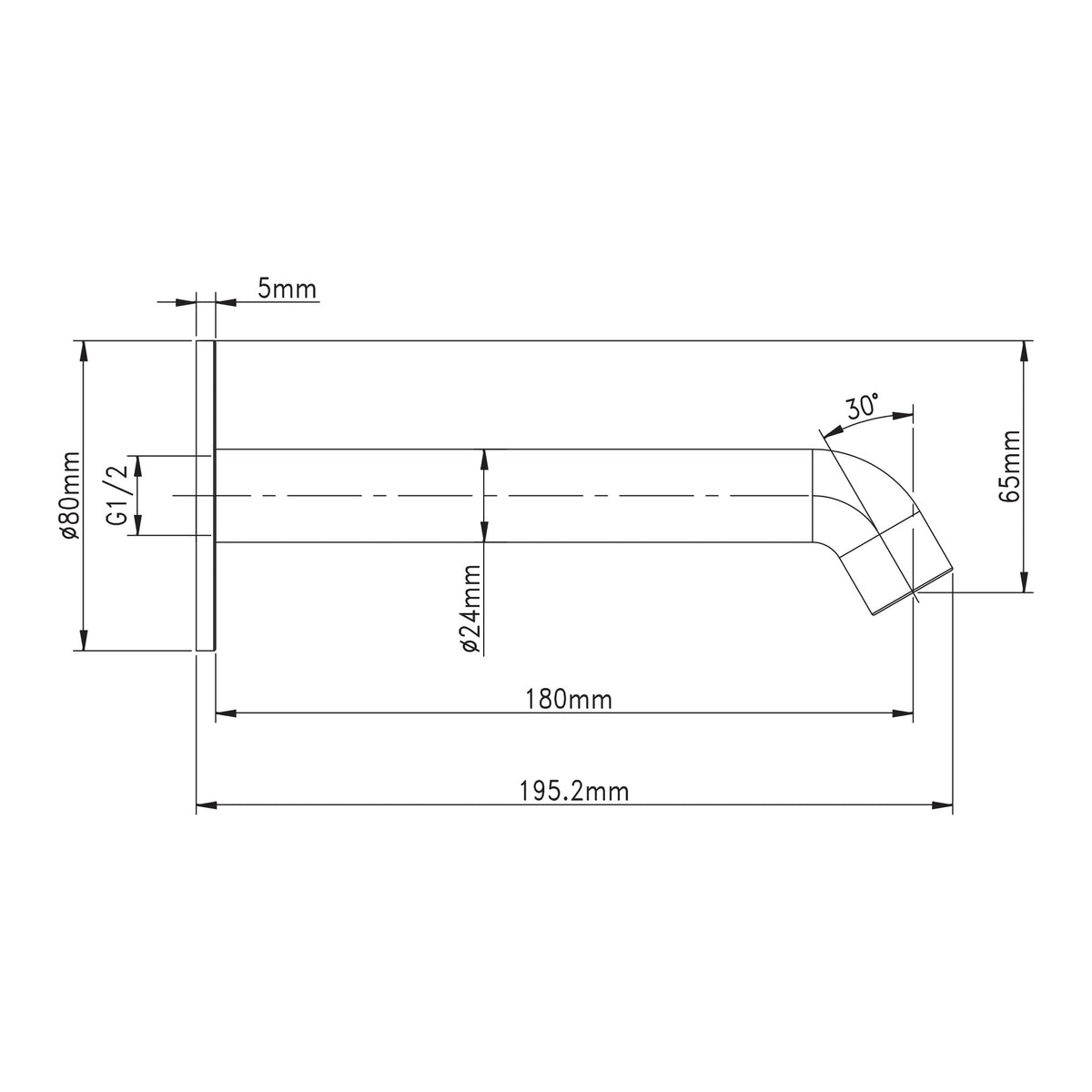 Technical drawing of Raymor Projix curved wall spout, showing 180mm reach and 195.2mm overall length in black finish