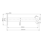 Technical drawing of Raymor Projix curved basin/bath spout, black, showing 220mm reach and dimensions