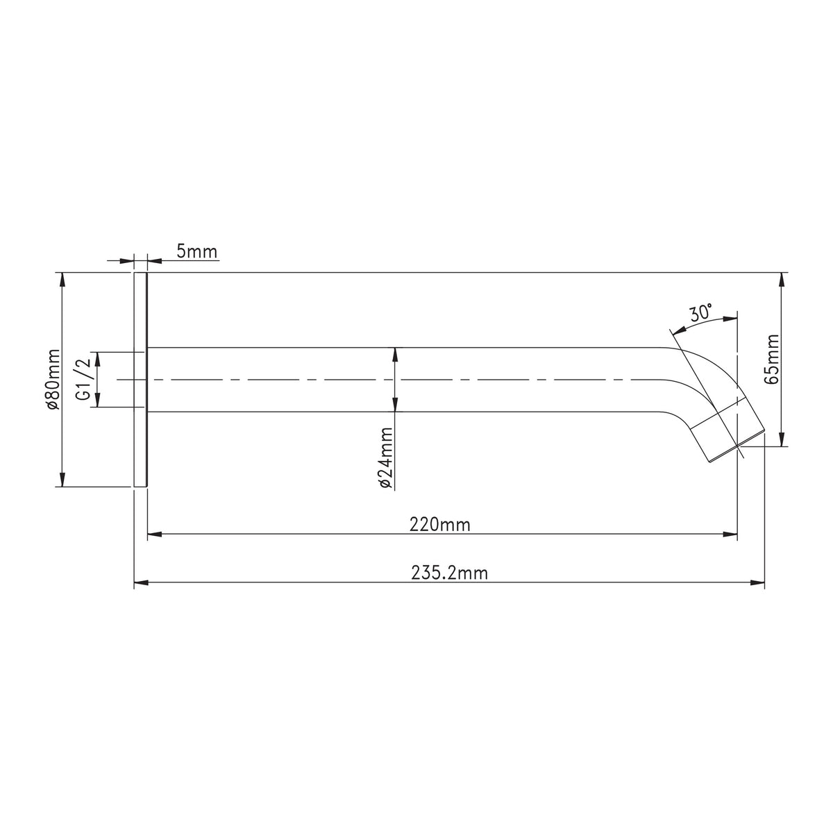 Technical drawing of Raymor Projix curved basin/bath spout, black, showing 220mm reach and dimensions