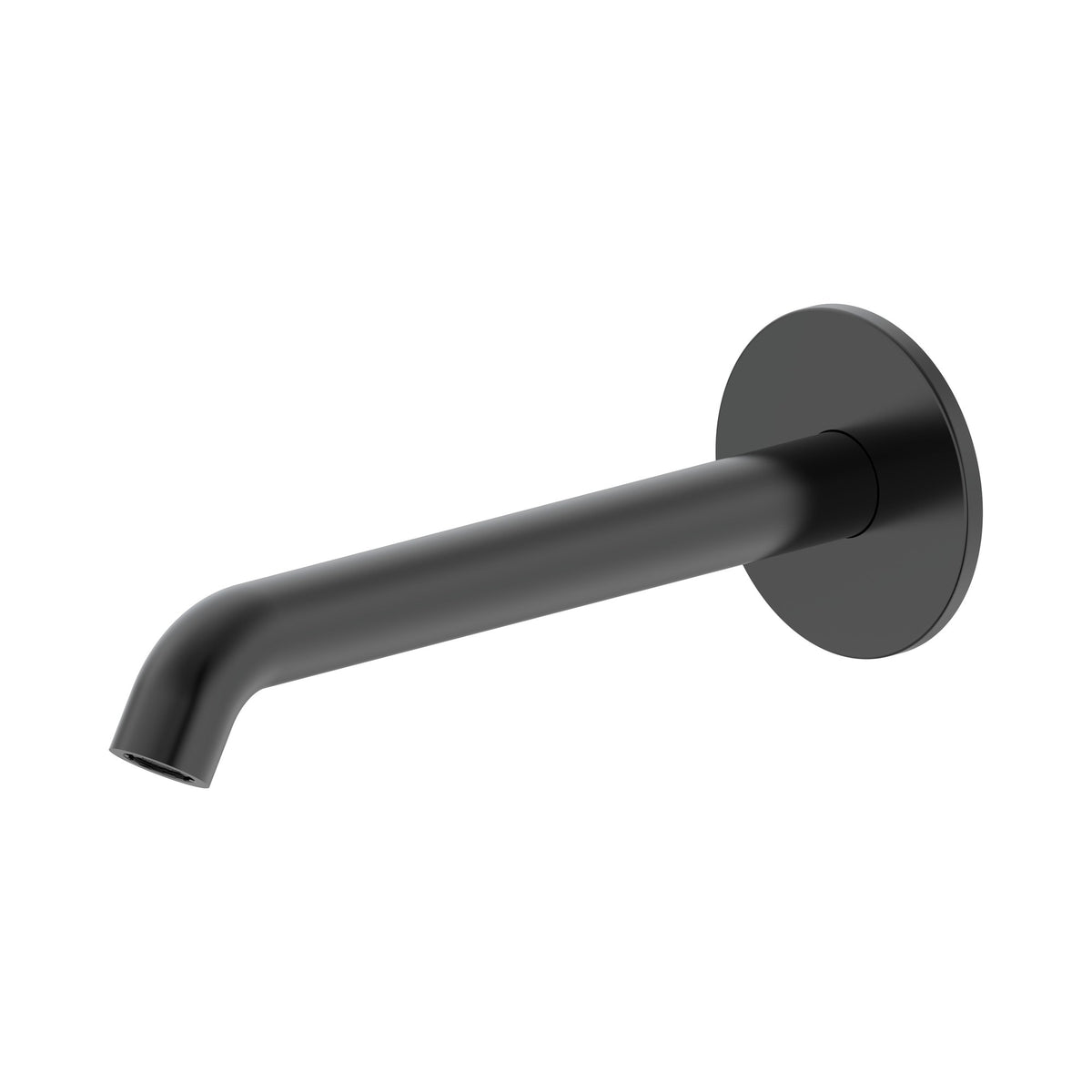 Raymor Projix curved wall spout 220mm in black, fixed round basin or bath spout on white background
