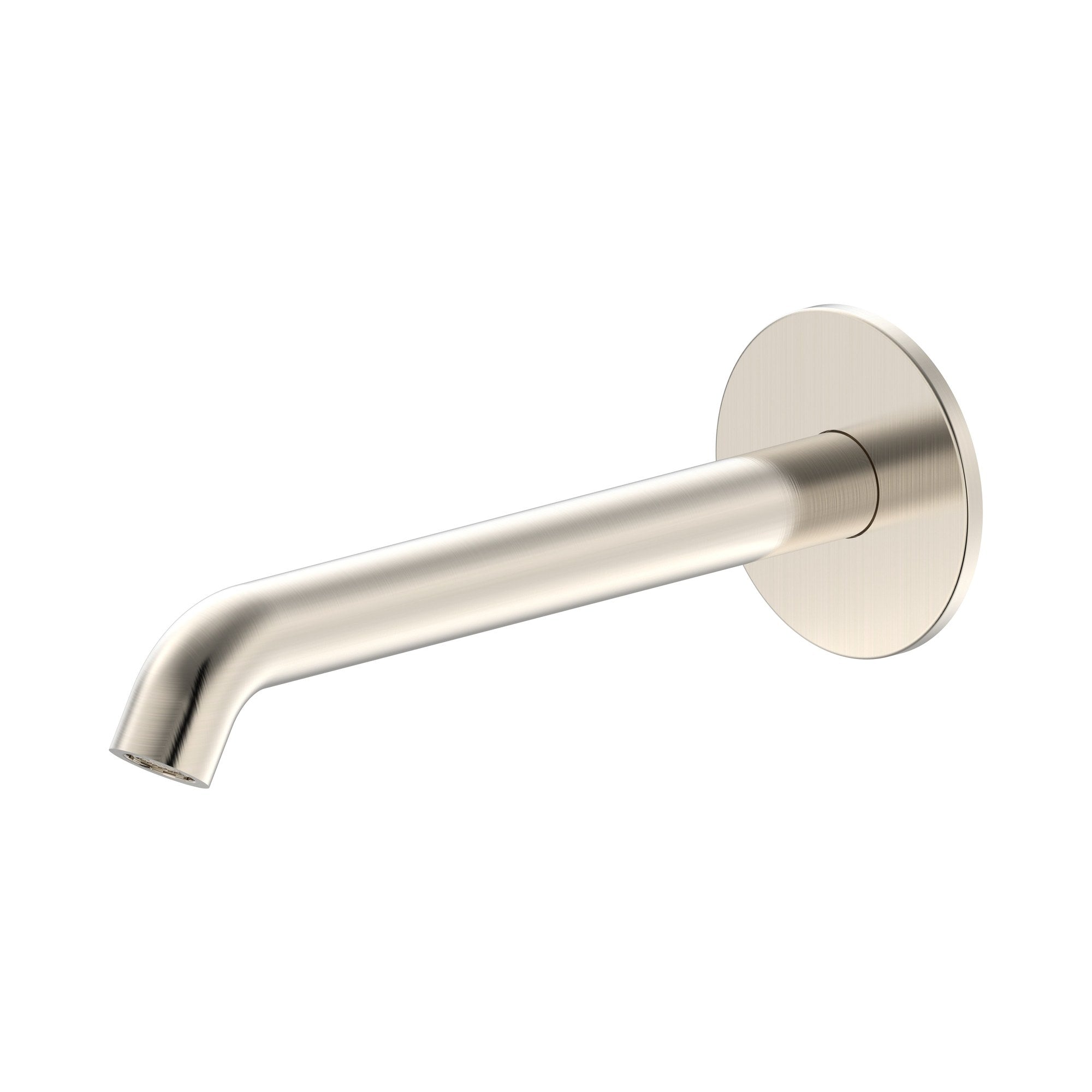 Raymor Projix curved wall-mounted basin or bath spout in brushed nickel, 220mm reach, side view