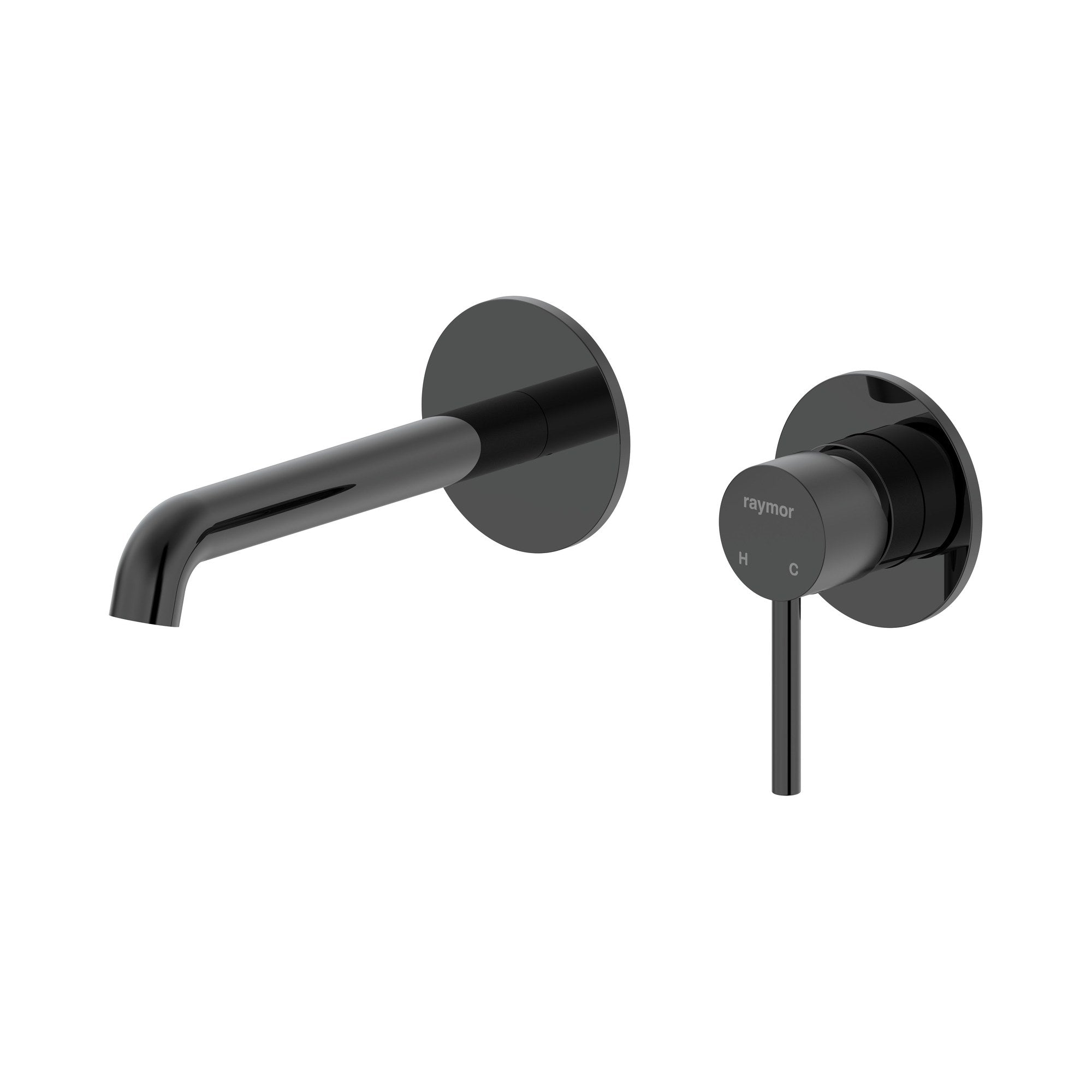 Raymor Projix curved wall mixer set with 180mm black spout and pin lever wall mixer, wall-mounted taps, front view