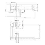 Technical drawing of Raymor Projix curved wall mixer set and 180mm spout, with dimensions and side views in line art