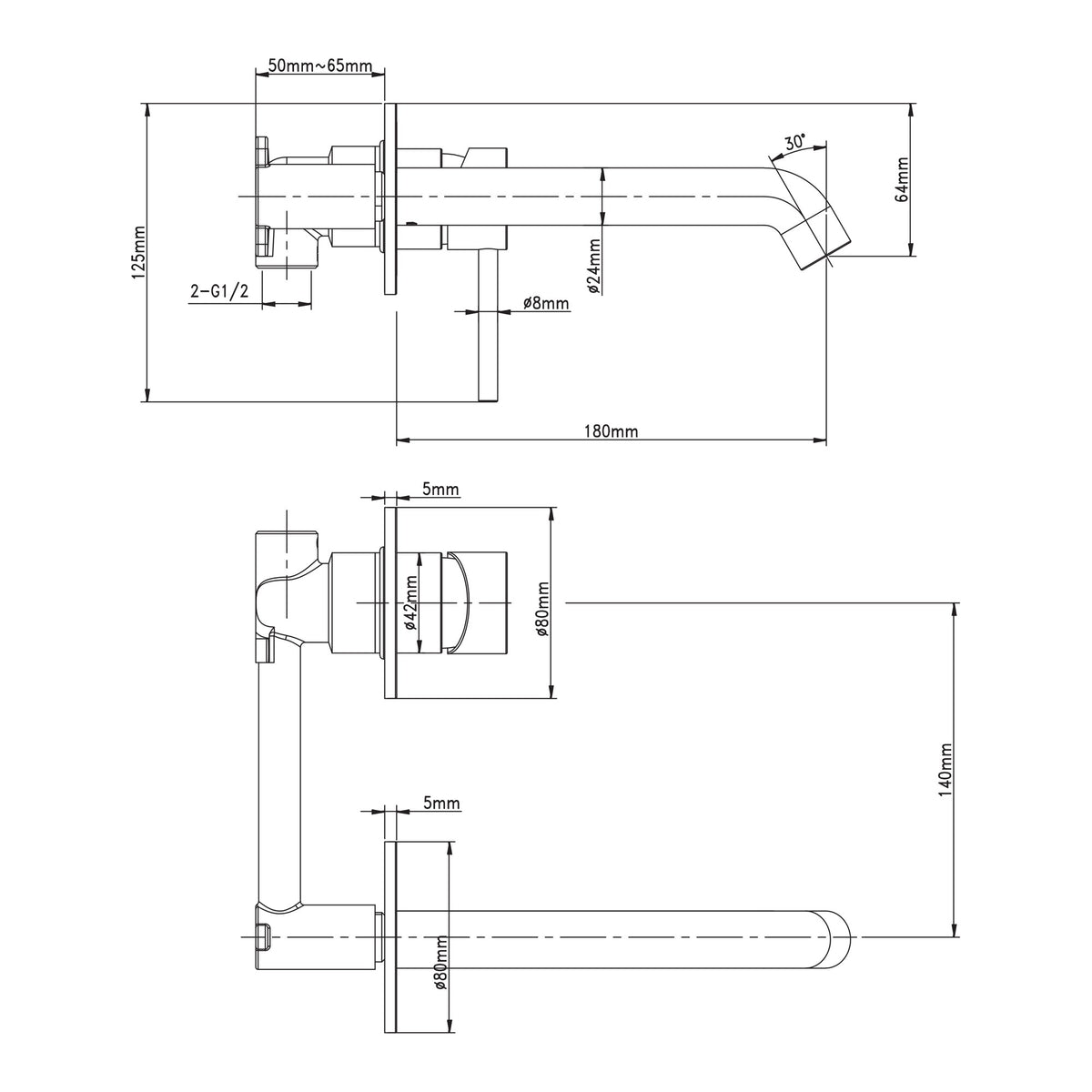 Technical drawing of Raymor Projix curved wall mixer set and 180mm spout, with dimensions and side views in line art