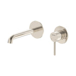 Raymor Projix brushed nickel wall mixer set with curved 180mm spout, wall-mounted tap set on white background