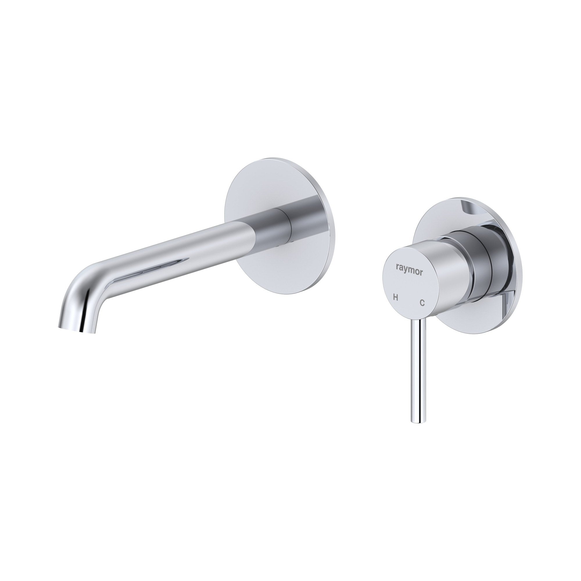 Raymor Projix chrome wall mixer set with curved 180mm spout, shown front on white background