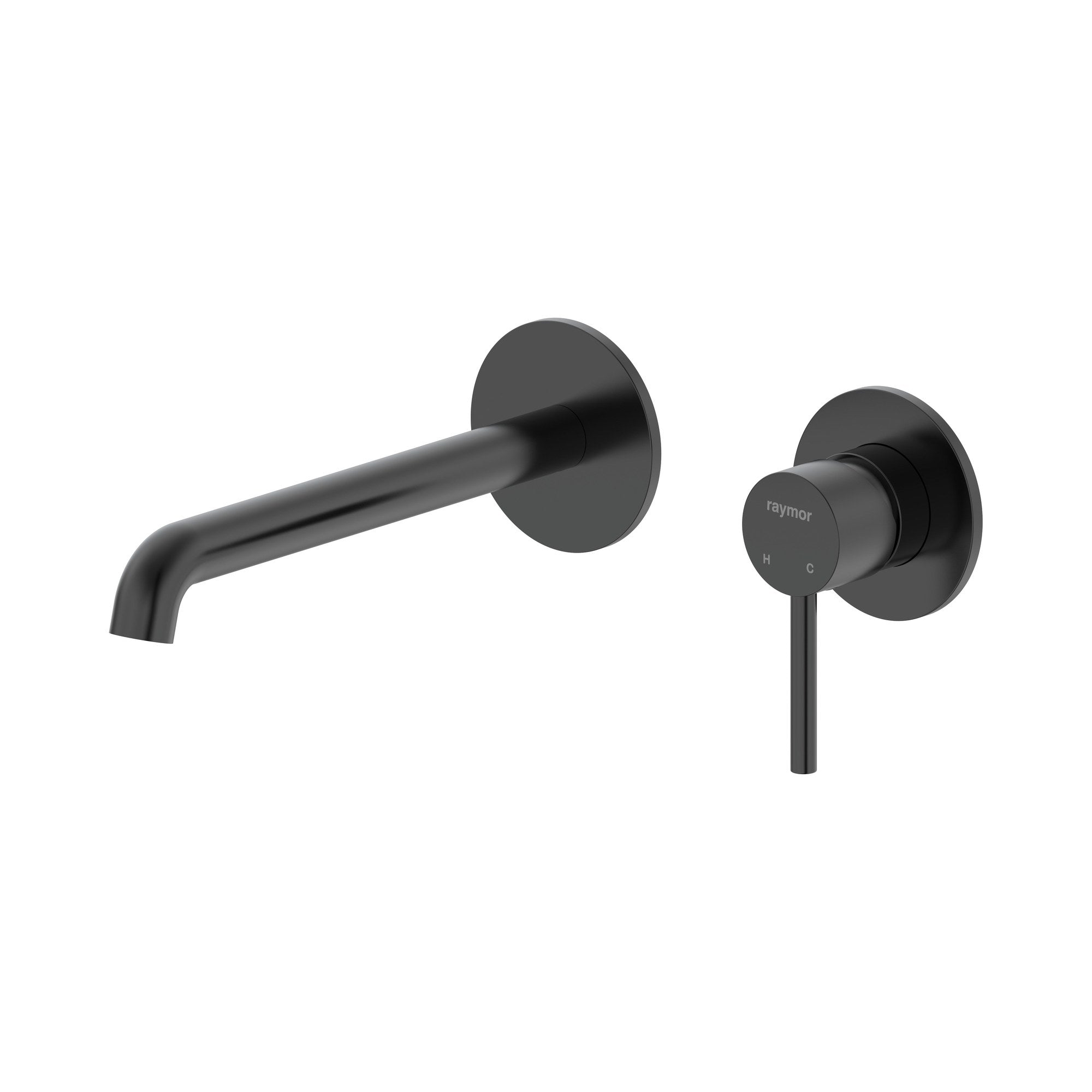 Raymor Projix black curved wall mixer set with 220mm spout, shown front on against a white background