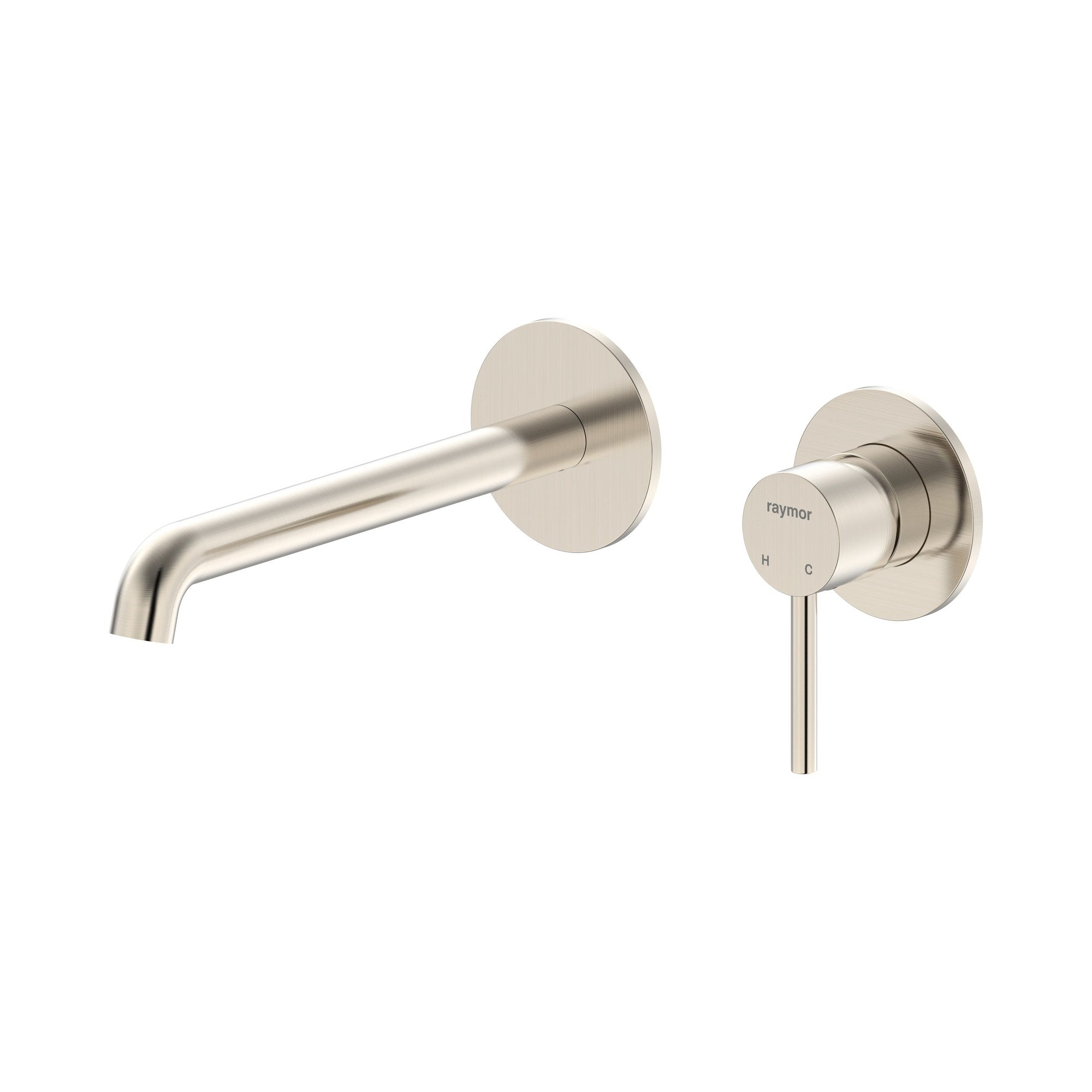 Raymor Projix brushed nickel wall mixer set with curved 220mm spout and pin lever handle, side view on white background