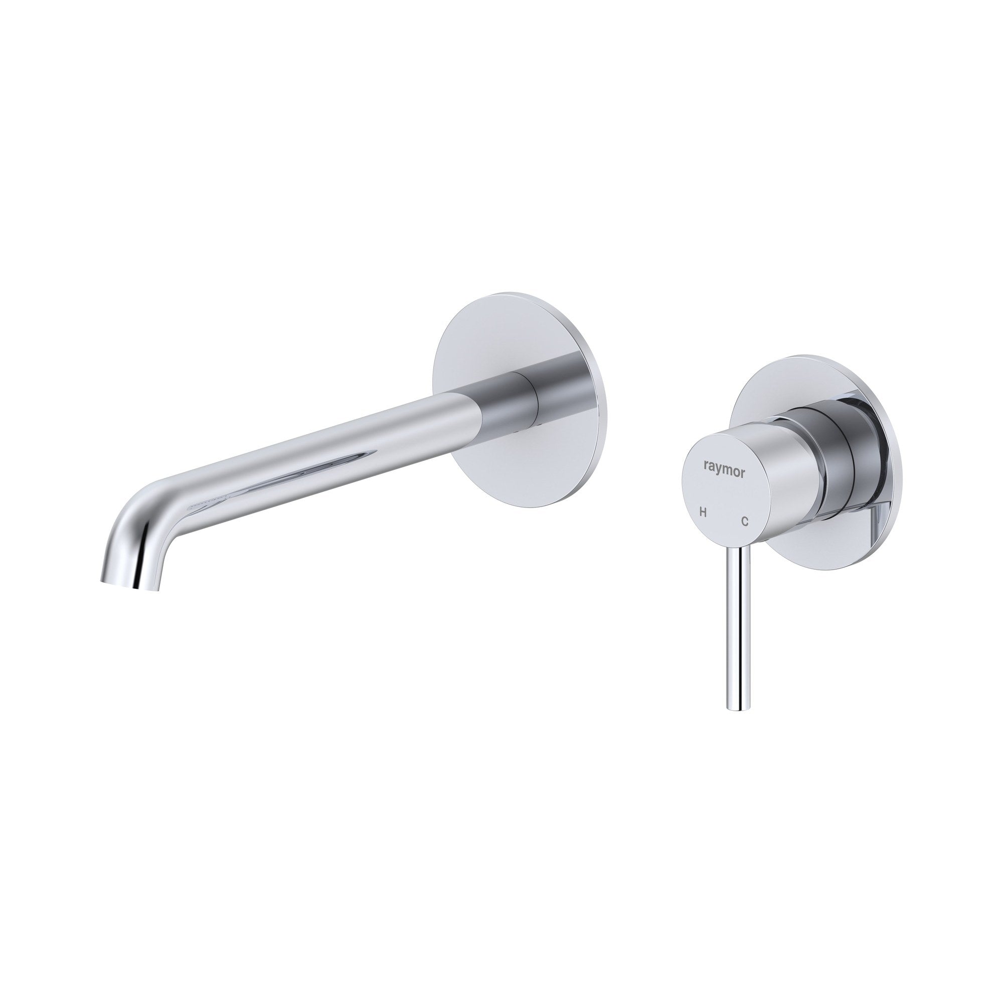 Raymor Projix chrome curved wall mixer set with 220mm spout and pin lever handle, front view on white background
