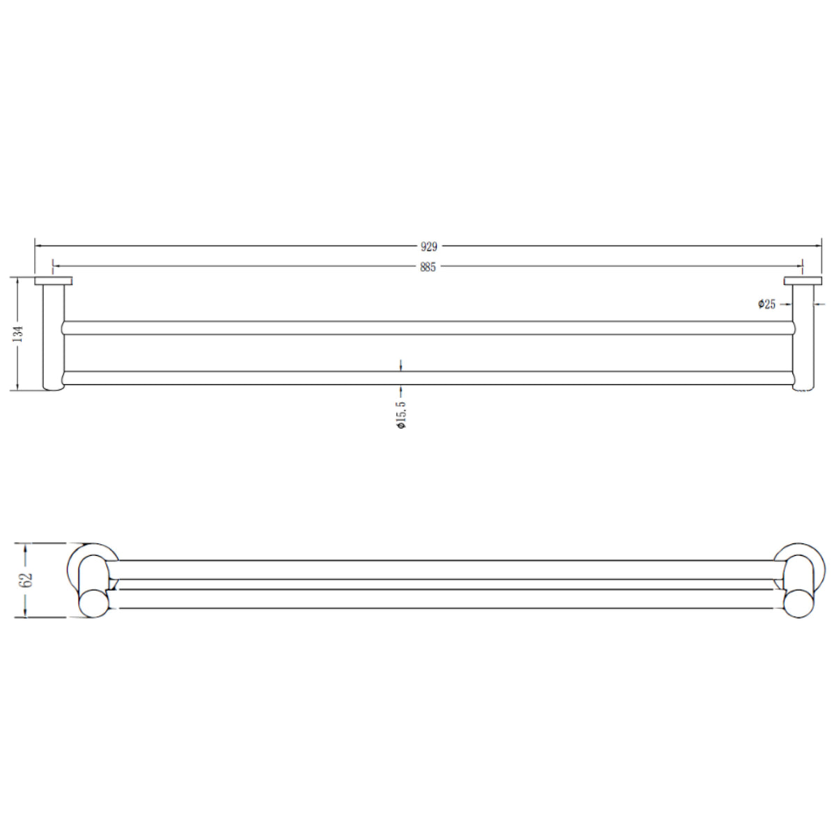 Raymor Projix double towel rail technical drawing in black, showing 930mm length and 135mm projection