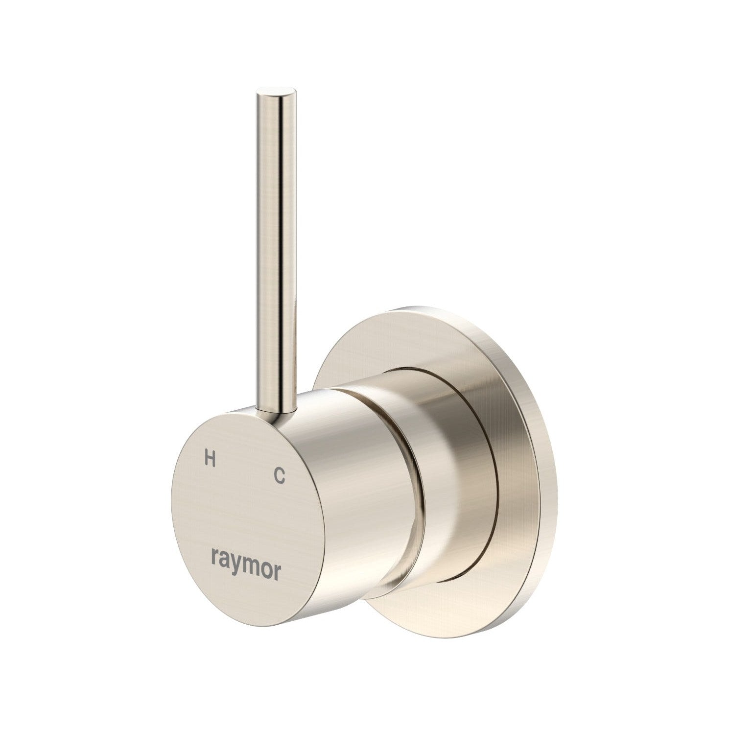 Raymor Projix wall mixer in brushed nickel, single lever with round wall plate and H/C markings