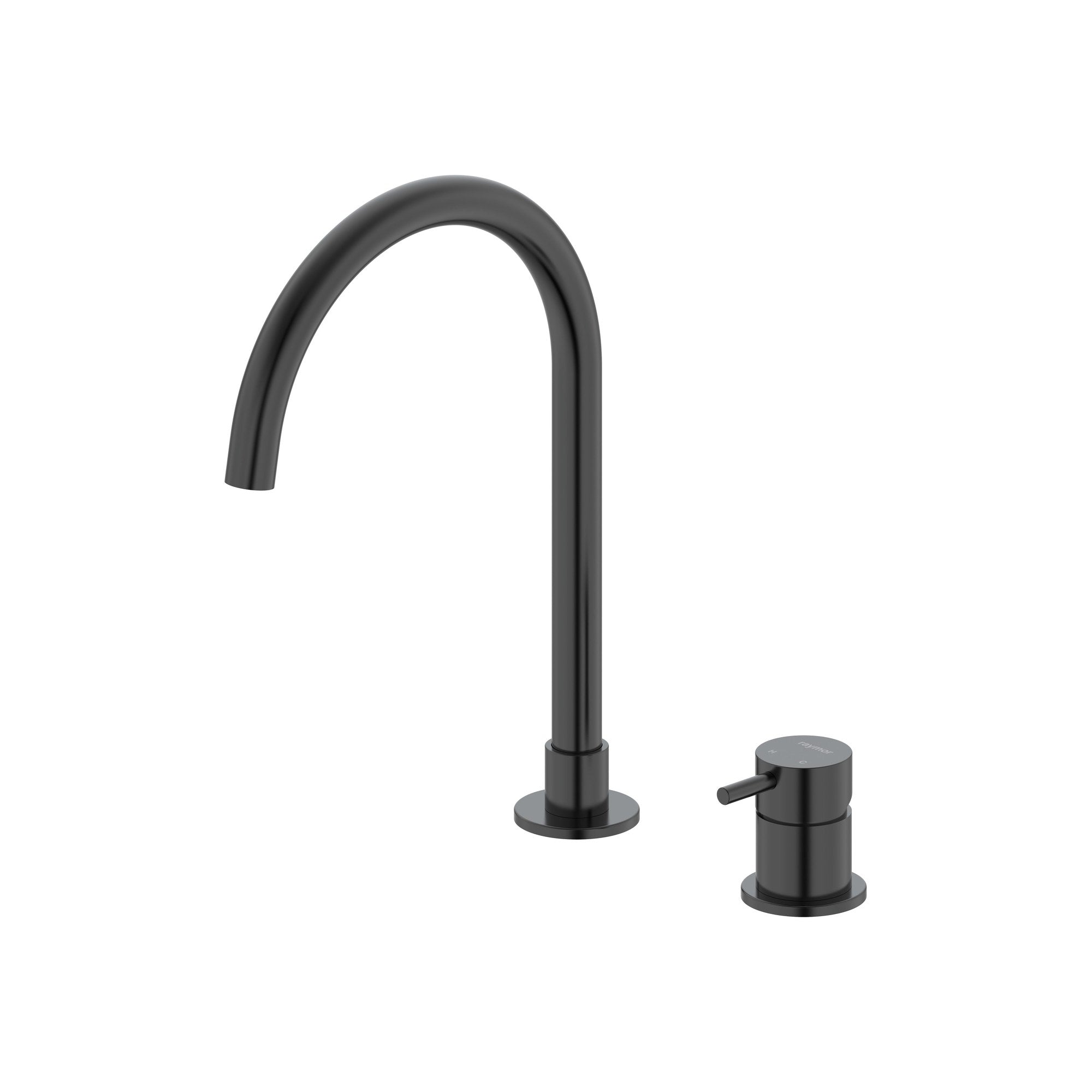 Raymor black gooseneck swivel hob mixer set with pin lever handle, shown on white background