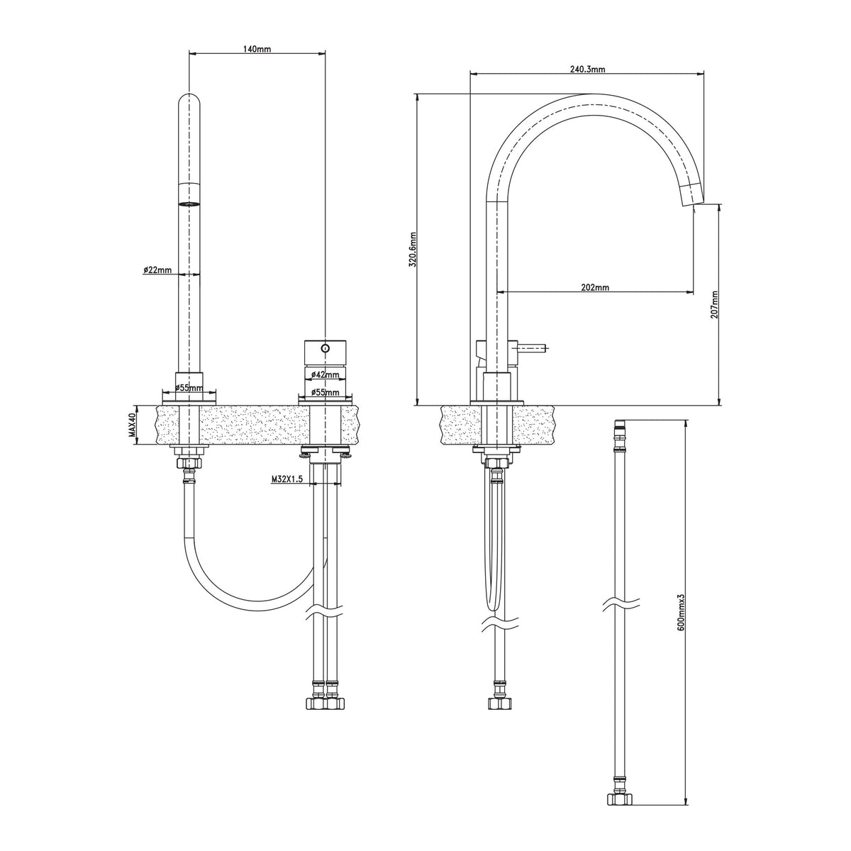 Raymor Projix brushed nickel gooseneck hob mixer technical drawing with dimensions and hoses shown