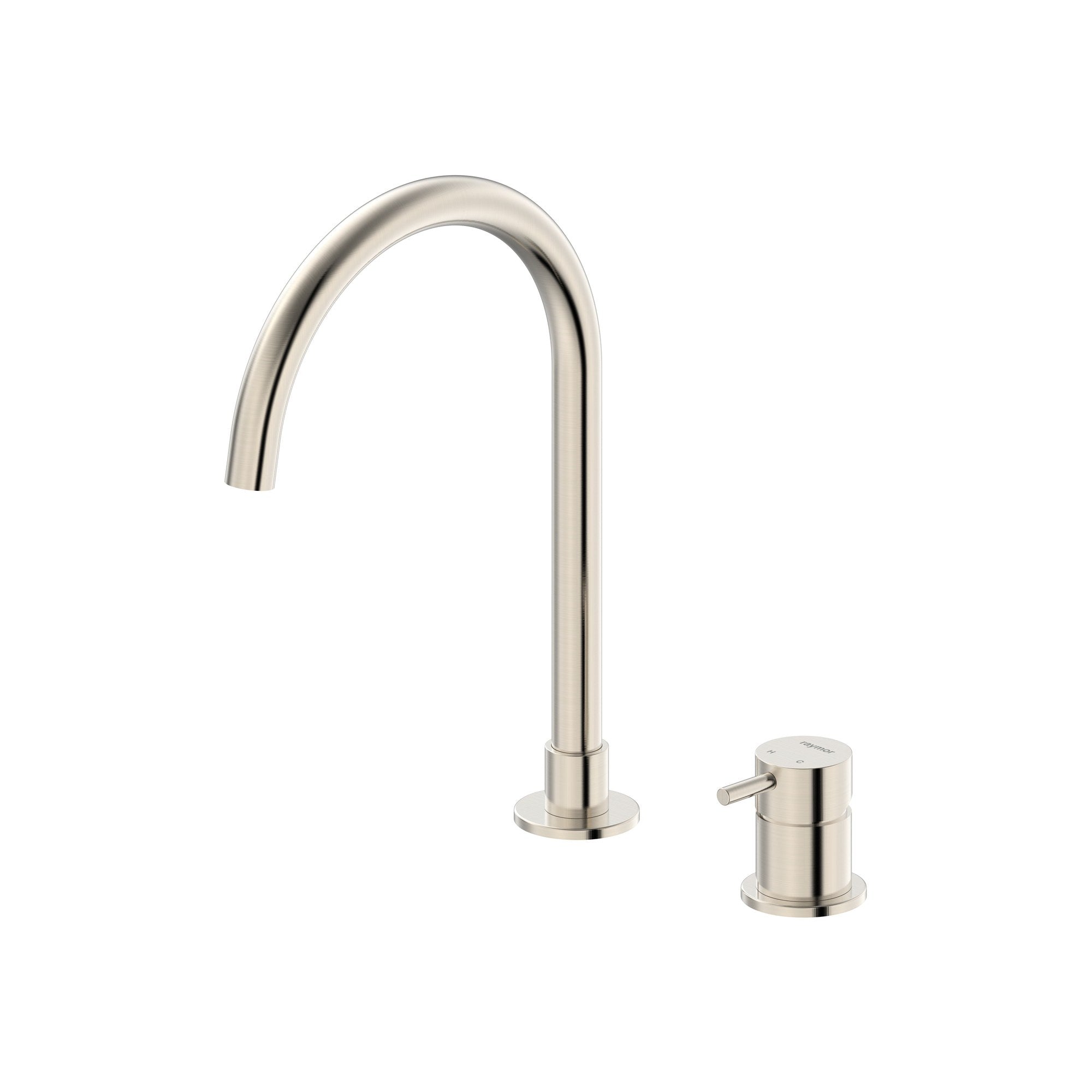 Raymor Projix brushed nickel gooseneck hob mixer set with swivel spout and pin lever handle, front view on white background