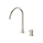 Raymor Projix brushed nickel gooseneck hob mixer set with swivel spout and pin lever handle, front view on white background
