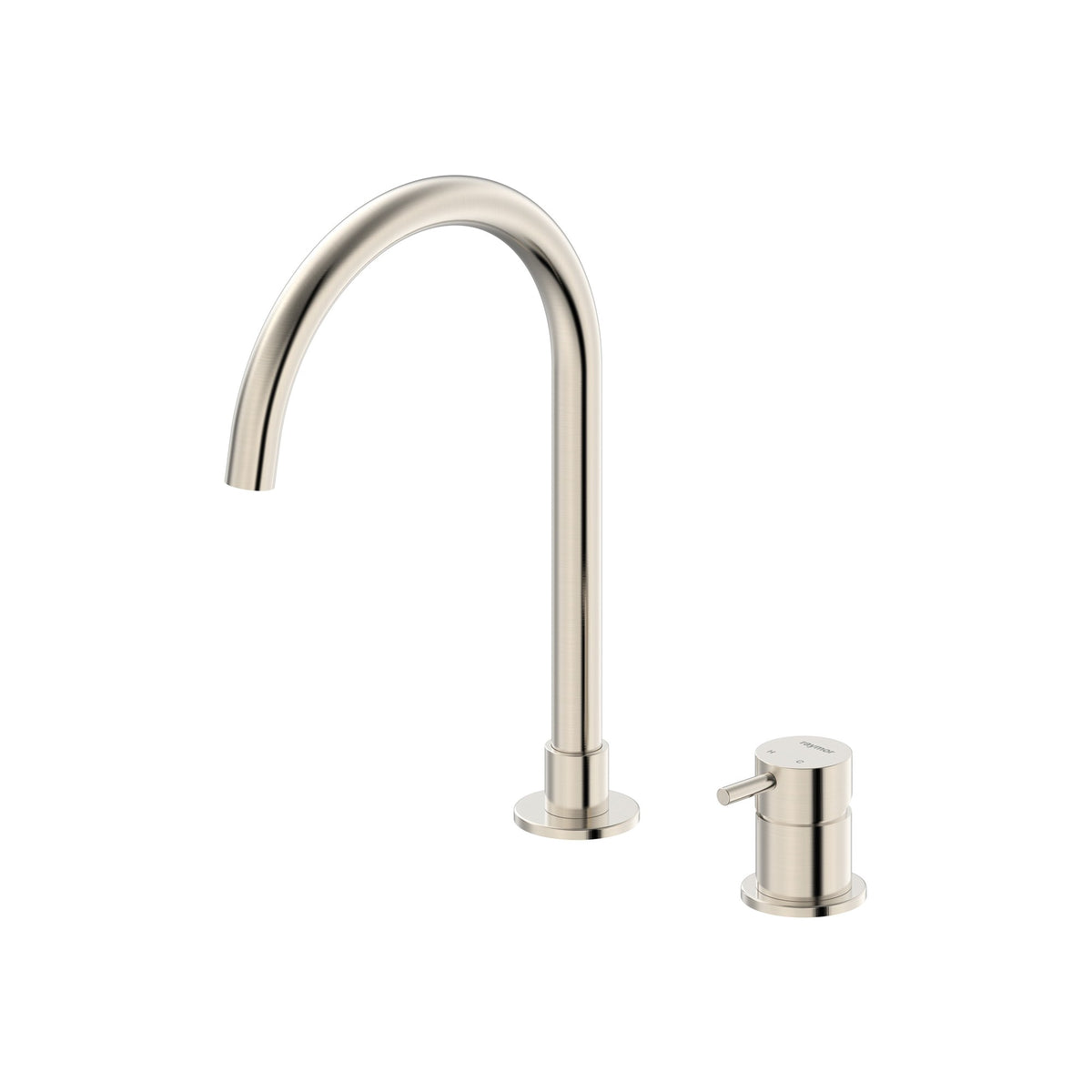 Raymor Projix brushed nickel gooseneck hob mixer set with swivel spout and pin lever handle, front view on white background