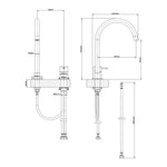 Technical drawing of Raymor Projix chrome gooseneck swivel hob mixer set, with dimensions and hoses shown