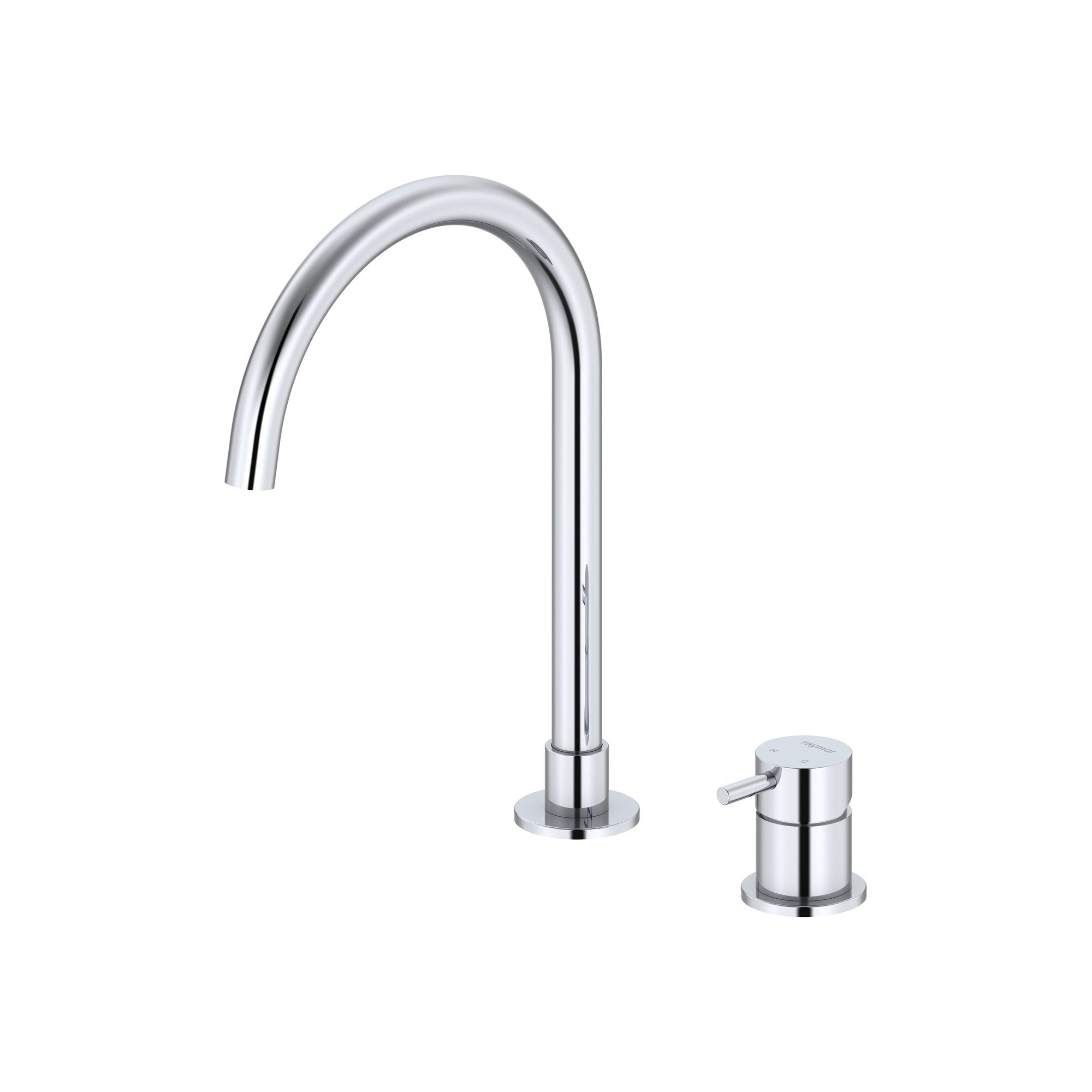 Raymor Projix chrome gooseneck hob mixer set with swivel spout and pin lever handle, front view