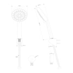 Technical drawing of Raymor Projix chrome hand shower with hose and dimensions, showing 120mm round head and wall bracket mount