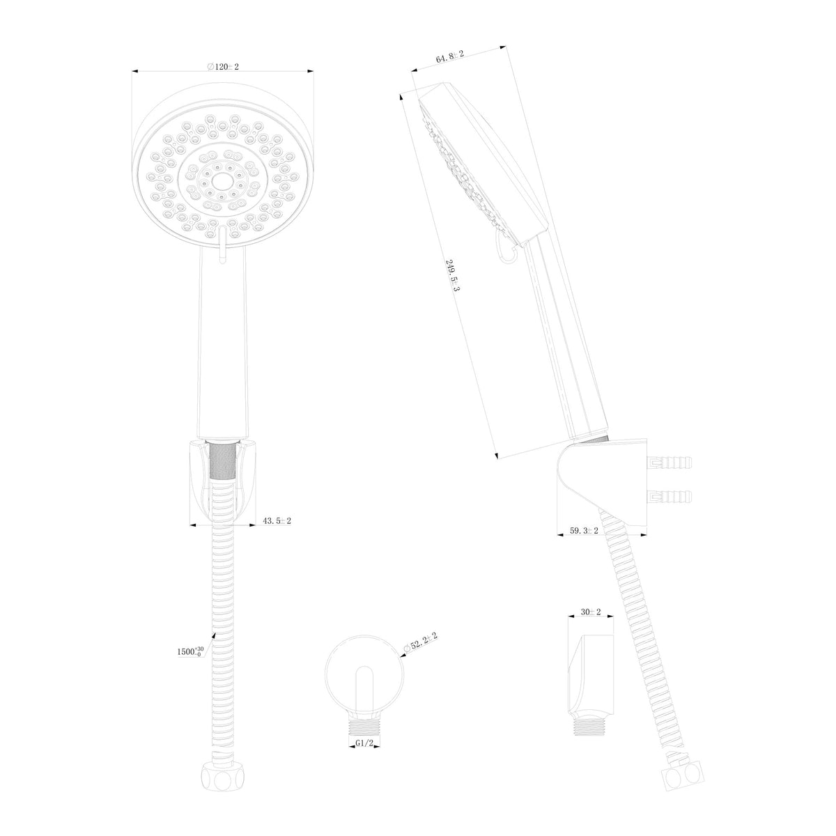Technical drawing of Raymor Projix chrome hand shower with hose and dimensions, showing 120mm round head and wall bracket mount