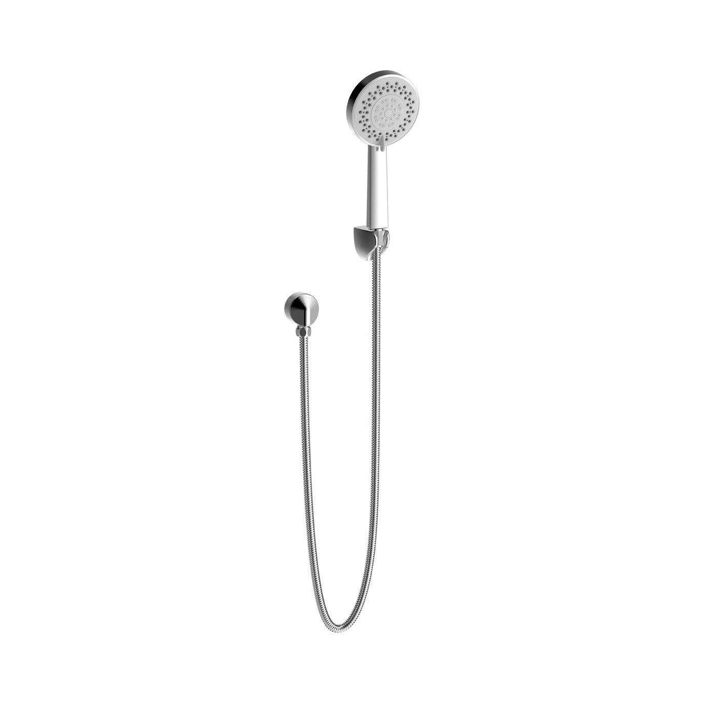 Raymor Projix chrome hand shower with hose, round head and wall bracket on white background