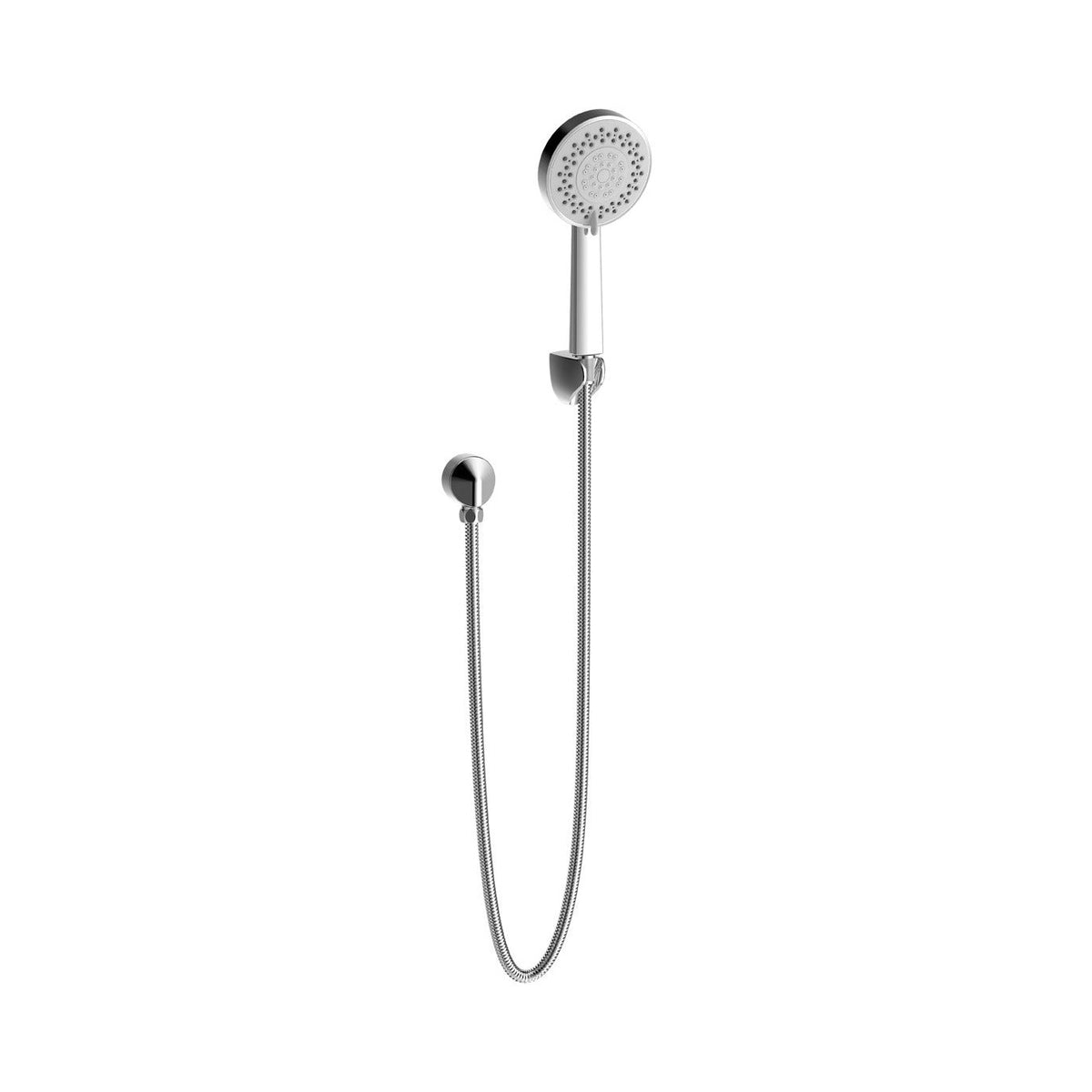 Raymor Projix chrome hand shower with hose, round head and wall bracket on white background
