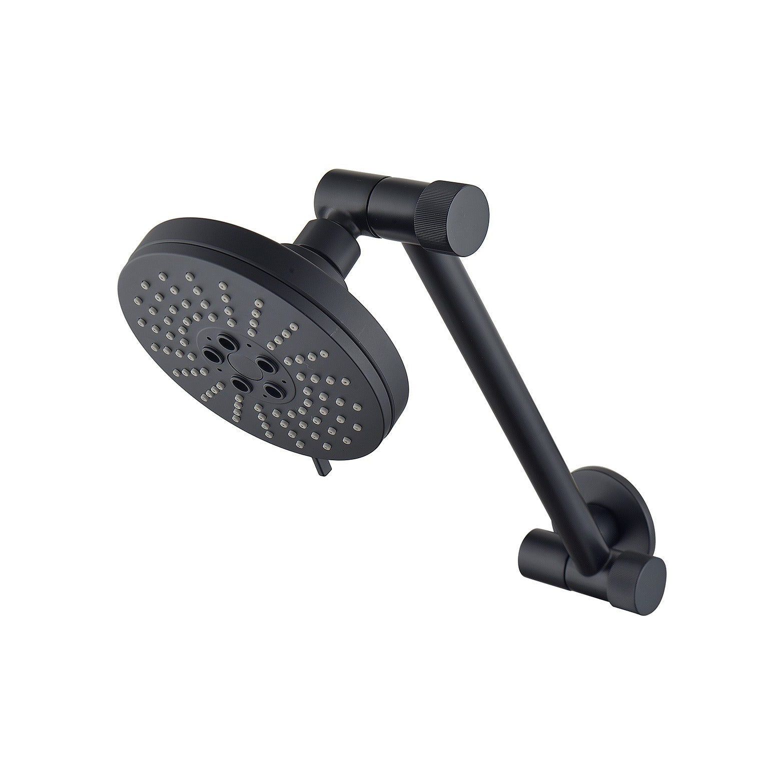 Raymor Projix black hi rise wall shower head with 3 spray settings and angled arm, front view