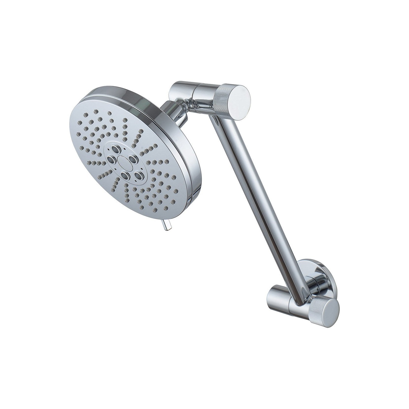 Raymor Projix hi rise wall shower head in chrome, with round 3-function rose and angled brass arm