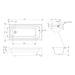 Raymor Projix inset bath technical drawing, 1525mm rectangular white bath with end waste and steel reinforcing bar