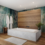 Raymor Projix white inset bath in a modern bathroom setting, rectangular tiled hob bath with timber slat feature wall.