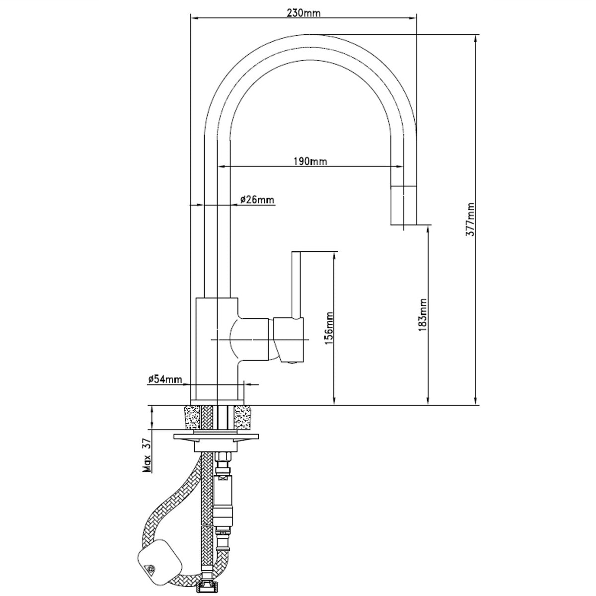 Technical drawing of Raymor Projix pull-out sink mixer, showing black tap dimensions and hose layout